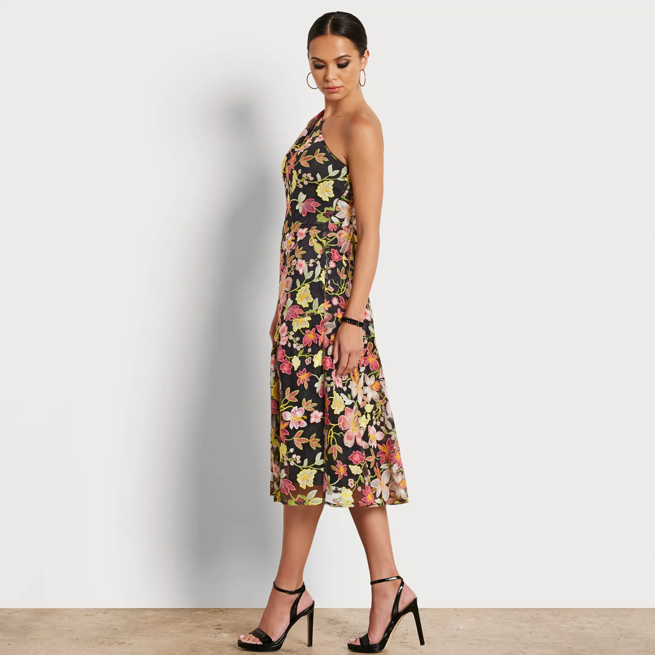 Womens Sam Edelman 1 Shoulder Embroidered Floral Midi Dress