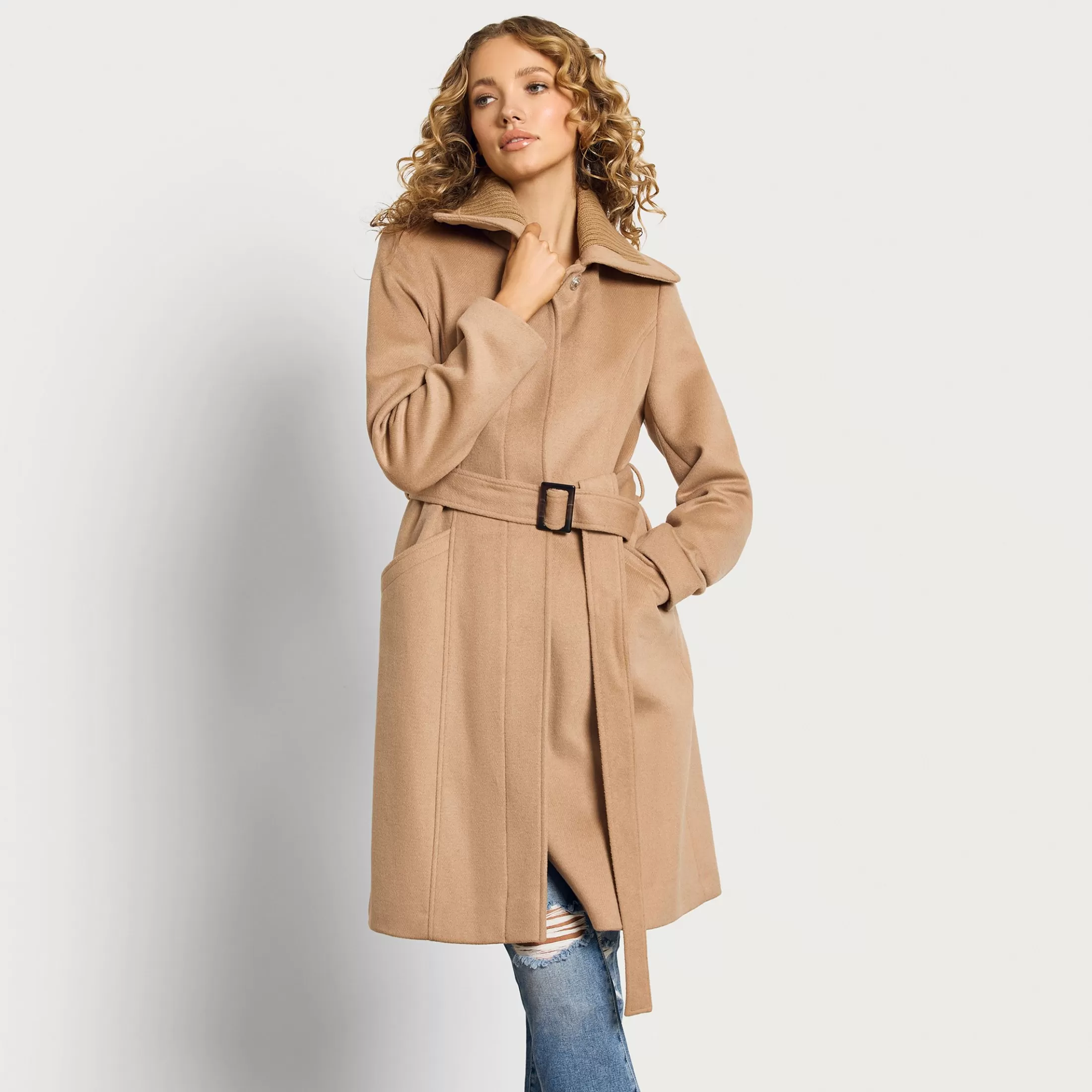 Womens Sam Edelman Asymmetrical Trench Coat With Knit Collar