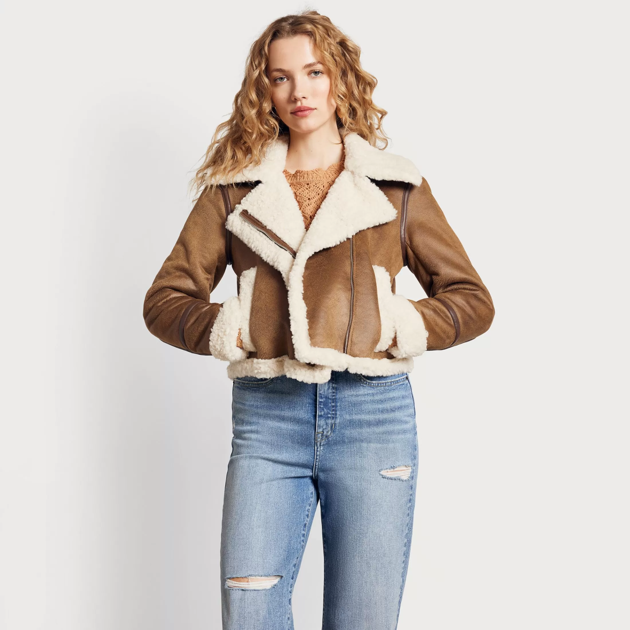 Womens Sam Edelman Cropped Faux Shearling Moto Jacket