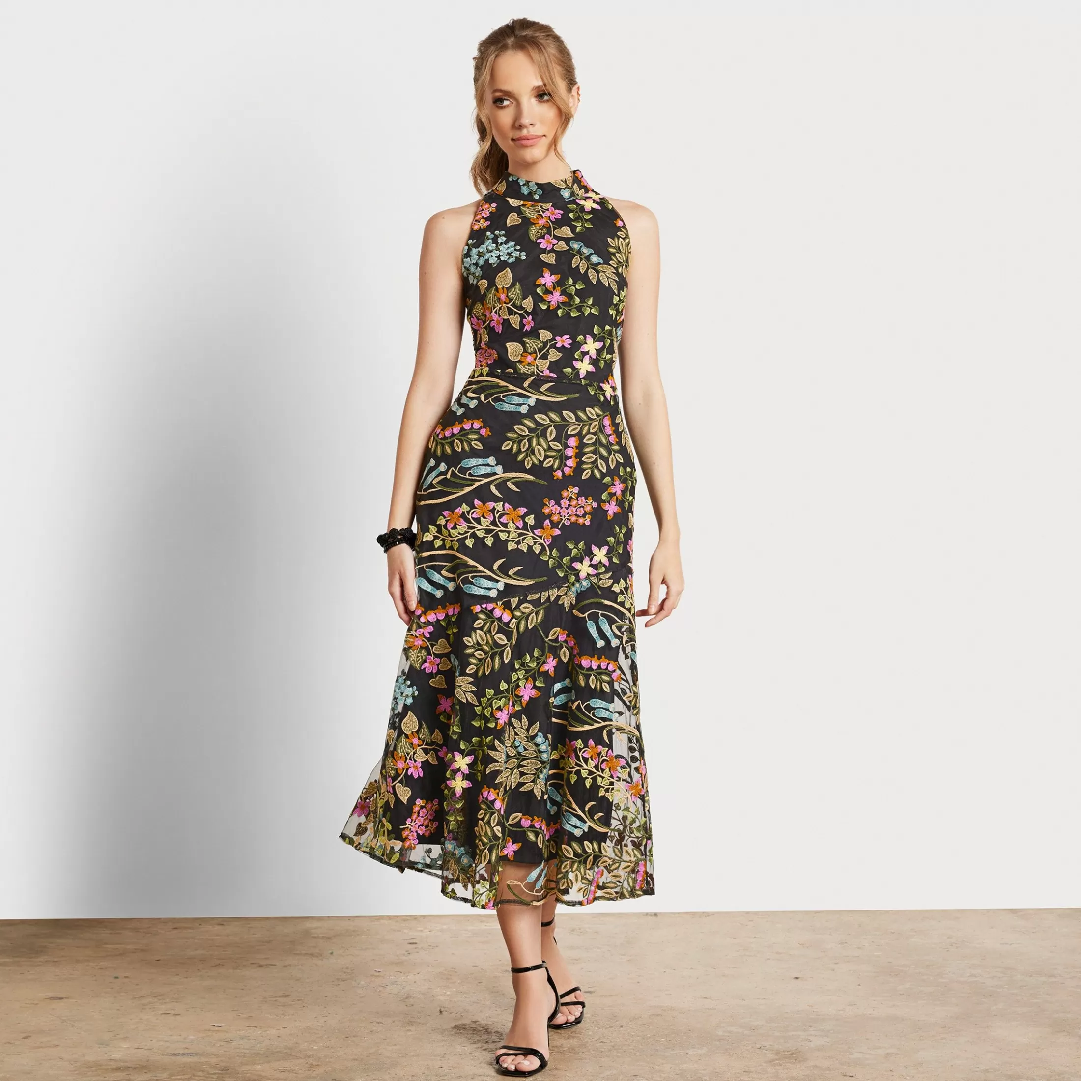 Womens Sam Edelman High Neck Embroidered Floral Maxi Dress