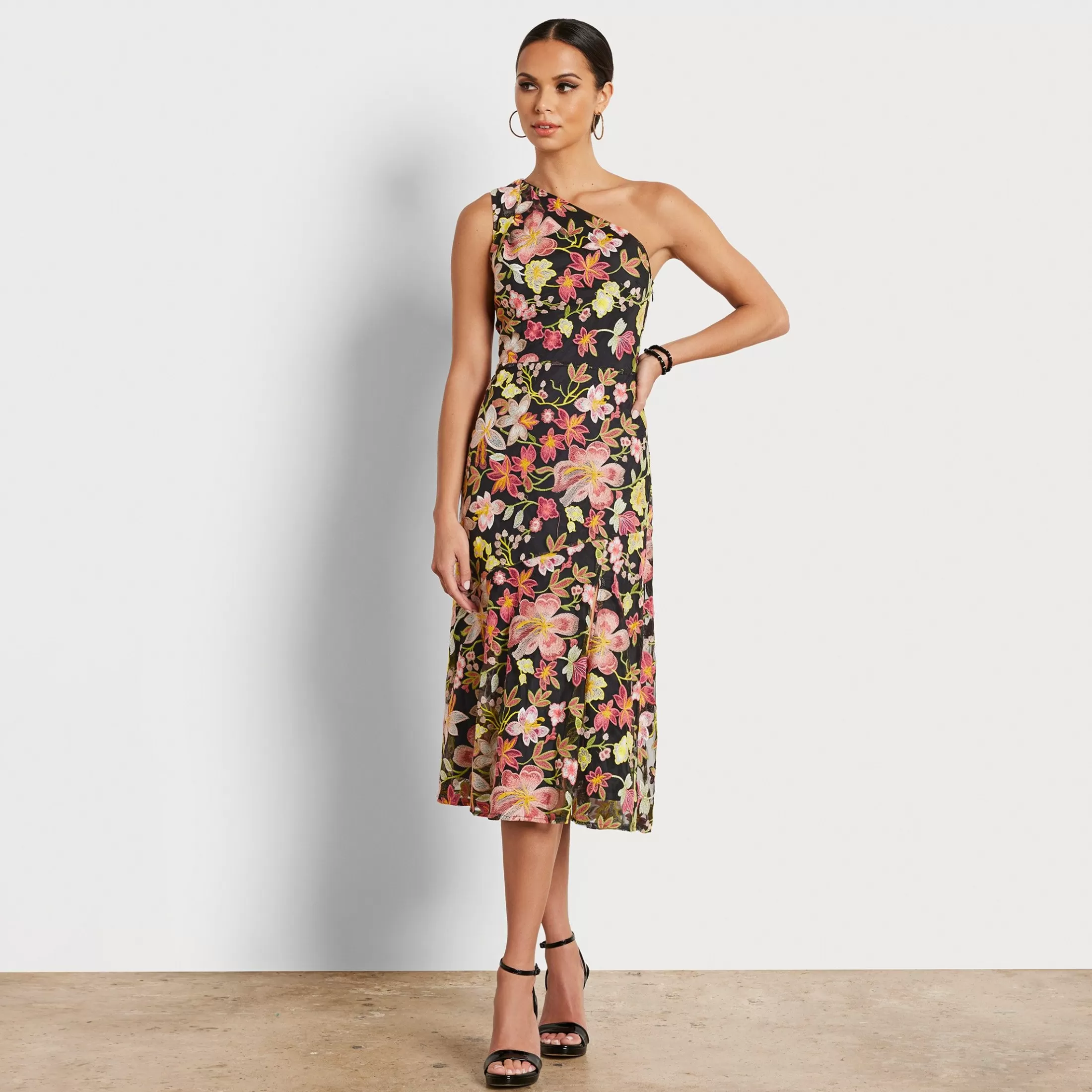 Womens Sam Edelman One Shoulder Embroidered Floral Midi Dress